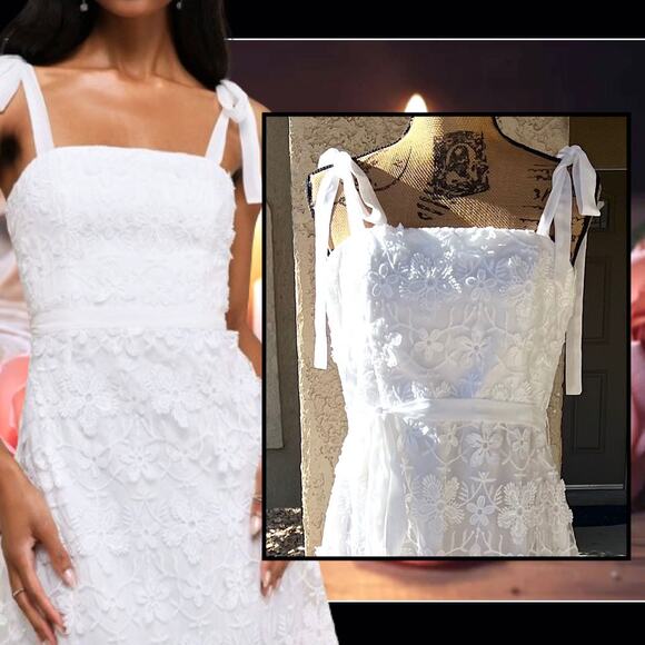 Lulus Striking Perfection White Embroidered Sequins Tie-Strap Midi Dress Size: L - Picture 3 of 14